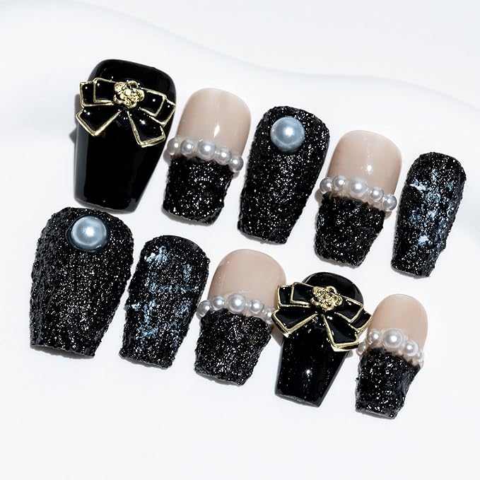 Sun&Beam Nails Handmade Short Medium Coffin Ballerina Black False Nail Tips with Cute 3D Pearl Popular Charm Design Press On Nails 10 Pcs (#61 M)
