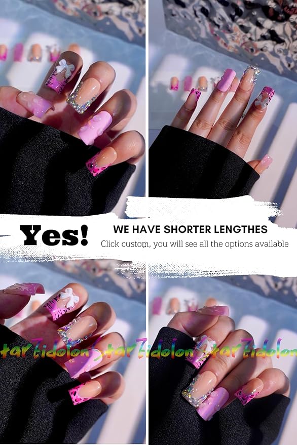 HAND-PAINTED White Press Ons Neon Small Press on Nails Long French Press on Nails Coffin Medium Short Nail art Fake Nail Art Kit with 7g Glue on Nails Handmade Almond Square Nails (Small, T17)