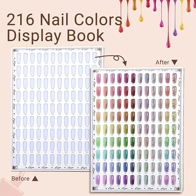 Segbeauty 216 Colors Nail Display Chart, Nail Gel Polish Organizer Color Card with 240 False Tips, Salon Fingernail Beauty Sample Supplies Tool Set Stick Cardboard Finger Painting Practice Book Golden