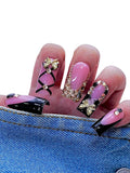 Black and Pink Press On Nails – 10PCS Glossy Coffin Fake Nails with Criss-Cross Ribbon, Rhinestones and Gold Butterfly Charms, Reusable Glam Nails for Women and Girls – Euphrosyne
