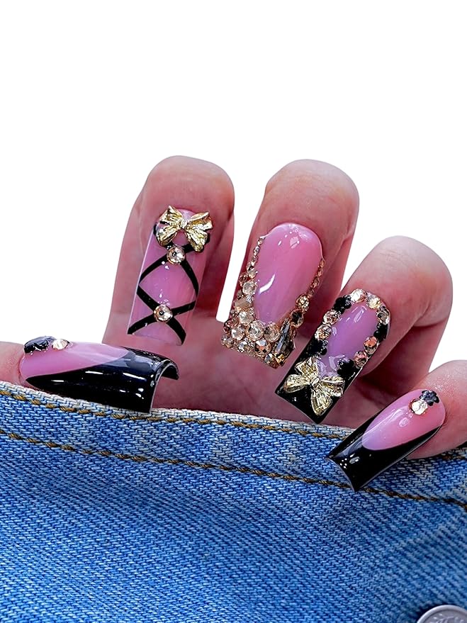 Black and Pink Press On Nails – 10PCS Glossy Coffin Fake Nails with Criss-Cross Ribbon, Rhinestones and Gold Butterfly Charms, Reusable Glam Nails for Women and Girls – Euphrosyne