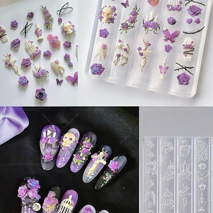 Gothic Nail Art Molds Kit - 3D Skull Rose Butterfly Designs DIY Manual Manicure Decoration Halloween Individual Nail Molds