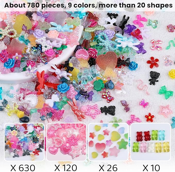 3D Nail Charms Set 9 Colors Flower Butterfly Bow Rabbit Nail Gems Big Bear and Heart Nail Jewels Pearls for Nail Art, Craft and Decoration with Tweezer and Brush