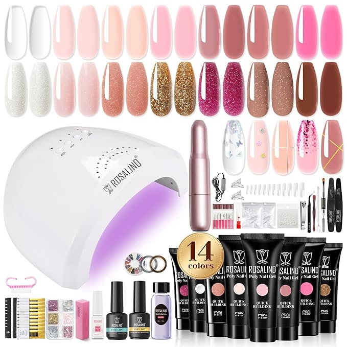 Poly Nail Gel Kit with Drill 14 Colors + 75 Nail Art Accessories Kit,ROSALIND Clear Pink Nude Glitter Poly Nail Gel with Big UV Light 48W and Electric Nail Drill Starter Kit