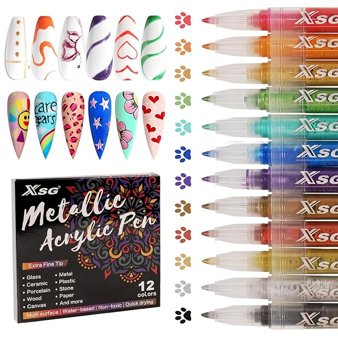 XSG 12 Colors Nail Art Pens Set - Professional Nail Point Graffiti Dotting Pen with Bullet Tip for Drawing, Dotting, Lining & Nail Polish Set Acrylic Nail Designs DIY Manicure Kit for Home Salon