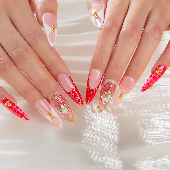 LOVFUL Short French Tip Press on Nails Royal Flame | Handmade Acrylic Press ons| Reusable Fake False Nails | Stiletto Classic Regular 1.3in | H703-M