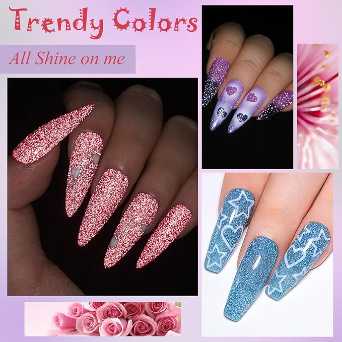 MEET ACROSS Reflective Glitter Gel Polish Jelly Purple Pink Glitter Sparkly Shiny Disco DJ LED Gel Nail Polish Nail Varnish 12PCS