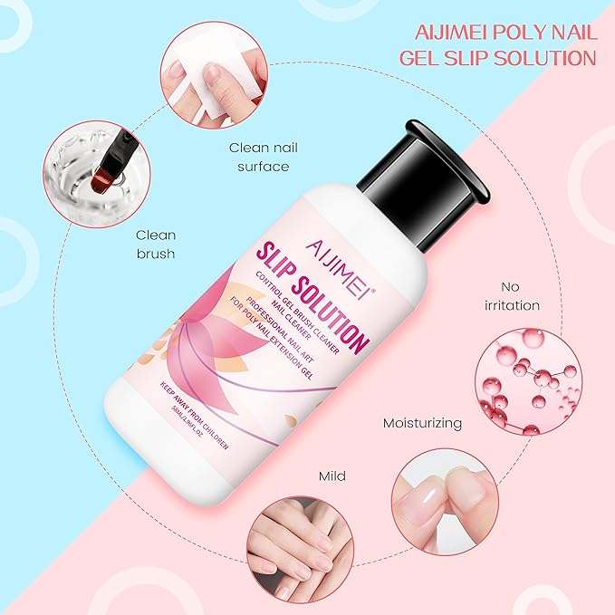 AIJIMEI 58ml/2fl.oz Nail Slip Solution Set Slip Solution for Poly Nail Gel Nails Nail Extension Professional Poly Nail Gel Slip Solution with Nail Brush Glass Crystal Cup for Home and Salon