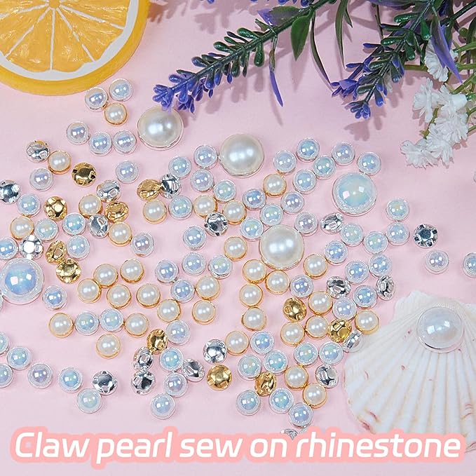 200Pcs Pearl Sew on Rhinestones for Crafting,12mm Claw Pearl Embellished Rhinestoness for DIY,Half Round Pearls for for Crafting Jewelry Handicrafts Clothes Bag Shoes-Ab Colorful(Silver Claw)