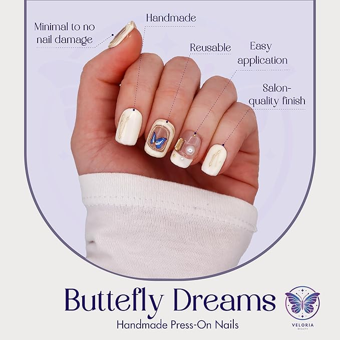3D Handmade Press On Nails, Short Square Oval Shaped w/Rhinestones, Blue Butterfly & Pearls, Acrylic, Gel, Reusable Kit, For Women Daily Wear or Special Occasion (Butterfly Dreams)
