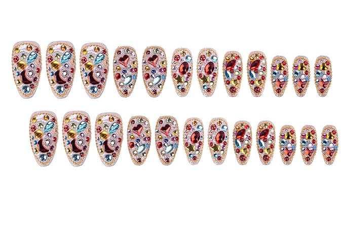 24Pcs Handmade Press on Nails, Bling Rhinestones Medium Length Almond Shape Fake Nails with Colorfull Design,Cute Manicure Kit for Women and Girls