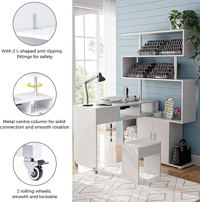 Manicure Table Nail Desk with Dust Collector, L-Shaped Nail Tech Desk with Stool, Two-Way Drawer, Cabinet & Storage Shelves, Rotating Reversible Manicure Workstation on Wheels (White)
