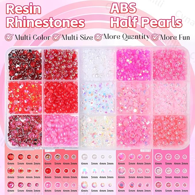 15 Grids Pearls and Resin Rhinestones for Crafting, Pink Red Colors White Bedazzling Gems Kit, Jelly Resin Rhinestones for Nails Face Eyes Makeup Crafts Tumblers Bottles