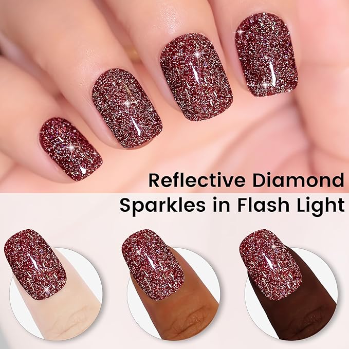 YTD Likomey Gel Nail Polish,15ml Colorful Reflective Glitter Burgundy Flash Diamond Shimmer Gel,Sparkly Shiny Salon Home Nail Art Manicure Dark Cherry Red Fall Winter UV Nail Gel,SZ398