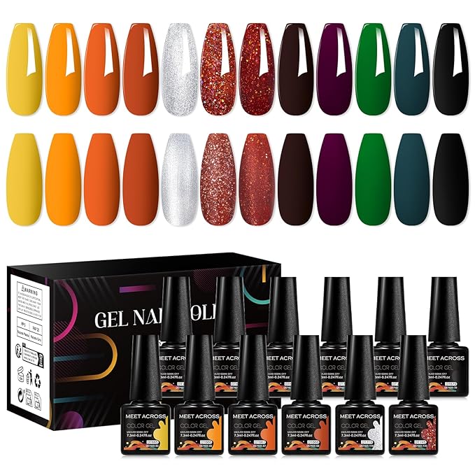 MEET ACROSS 12pcs Gel Nail Polish Set,Soak Off UV LED Lamp Gel Nail Polish Kit,Fashion Shimmer Nail Art Design Gifts for Women Manicure Salon (Autumn series)