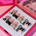 10 Pieces Luxury Acrylic Press On Nails Short Handmade Duck Nails, Black Thickened False French Nails, With 3D Bowknot And Stars, Reusable Fake Nails, Acrylic Nails (L)