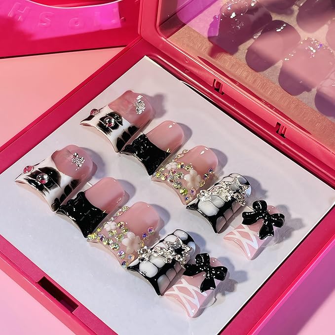 10 Pieces Luxury Acrylic Press On Nails Short Handmade Duck Nails, Black Thickened False French Nails, With 3D Bowknot And Stars, Reusable Fake Nails, Acrylic Nails (M)