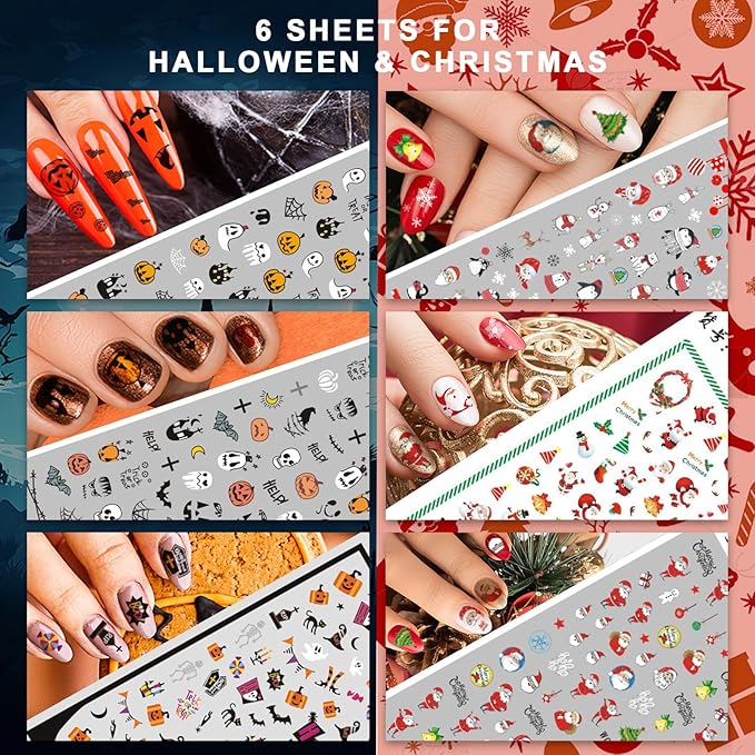 Whaline 18 Sheets All Season Nail Art Stickers Easter St Patricks All Holiday Valentine Day Fall Halloween Winter Christmas 4th of July Self-Adhesive Nail Decals for DIY Manicure Party Decor
