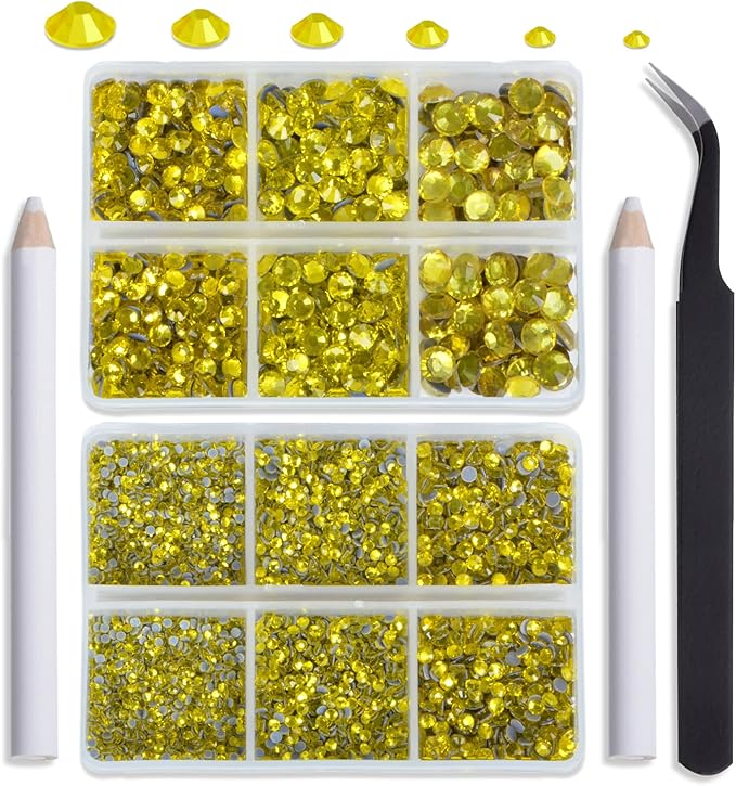 NCB Hotfix Iron on 8000pcs Crystal Rhinestones Round Gem for Crafts Decoration DIY Jewelry Making with a Tweezers and 2 Picking pens (Citrine, 6Sizes SS4-SS30)