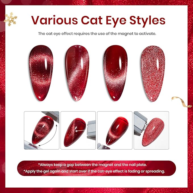 Beetles Cat Eye Gel Nail Polish Set, 6 Colors Glitter Gel Polish Kit Red Pink Shiny Brown Burgundy Purple Blue Green Magnetic Effect Sparkle Stunning Soak Off UV Manicure Gifts for Women