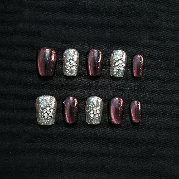 Neon Press on Nails, Short Coffin Handmade Acrylic Cat Eye Pink Purple Glitter Gradient with 3D Silver Stars & Rhinestone Flowers (Gemstone Starry Night,S)