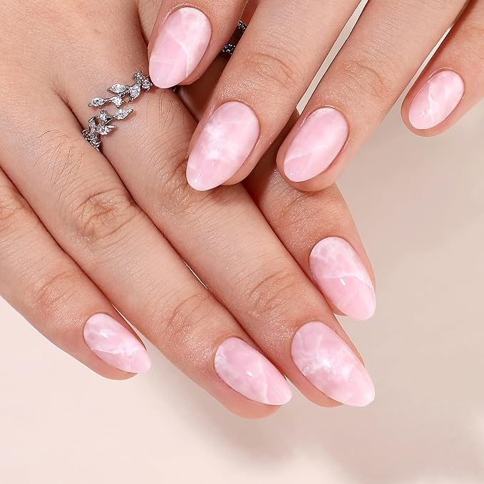 Gel Press On Nails Short- Almond Press On Nails, Short Fake Nails with Marble Designs, Artificial Nails 16 Sizes - 32Pcs Reusable Soft Gel False Nails Tips Kit，Glue On Nails Short