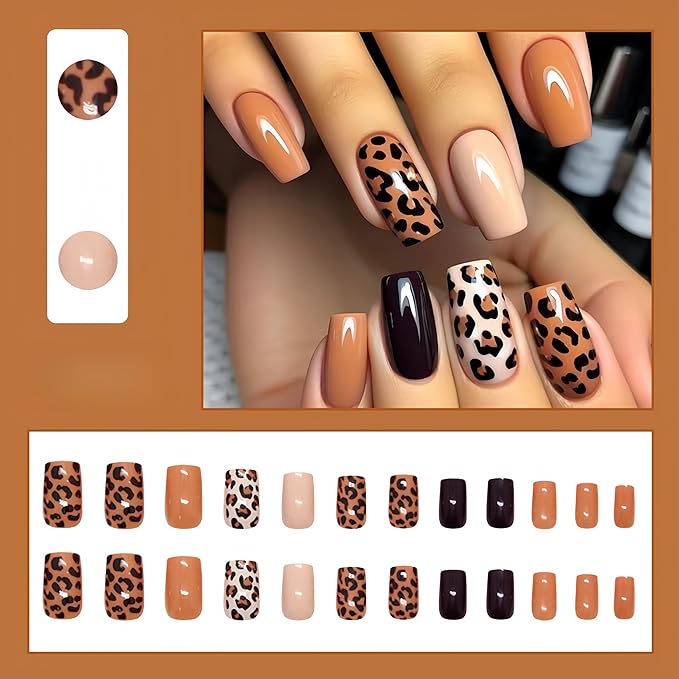 24Pcs Leopard Print Press On Nails Short Square False Nails with Brown Nude Design Cheetah Print Fake Nails Brown Glossy Reusable Stick on Nails Autumn Glue on Nail for Coquette Women Fall Nail Art