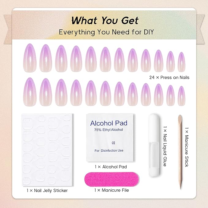 Chrome Press On Nails Almond, Glazed Ombre Purple Glue on Nails Medium Press Ons, Acrylic Natural Fit Stick on Nails in 12 Sizes - 24Pcs Fake Nail Kit for Women Daily & Party Wear
