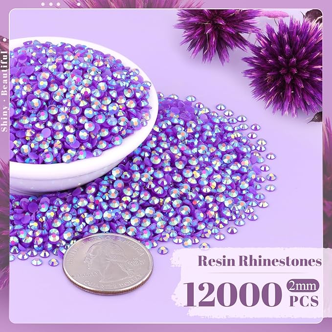 12000PCS 2mm Resin Jelly Rhinestones in Bulk (Dark Purple AB), Bedazzling Flatback Crystals Rhinestones for Crafting DIY Nail Decoration, Gems Diomand Charms for Tumbler Shoes Clothing Fabric