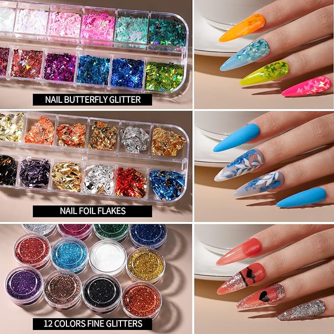 FANDAMEI Nail Art Brushes Kit, Nail Design Tools Set with Dotting Tools, Fine Nail Glitter Butterfly, Glitter Sequins, Foil Flakes, Nail Rhinestones, Dust Brush