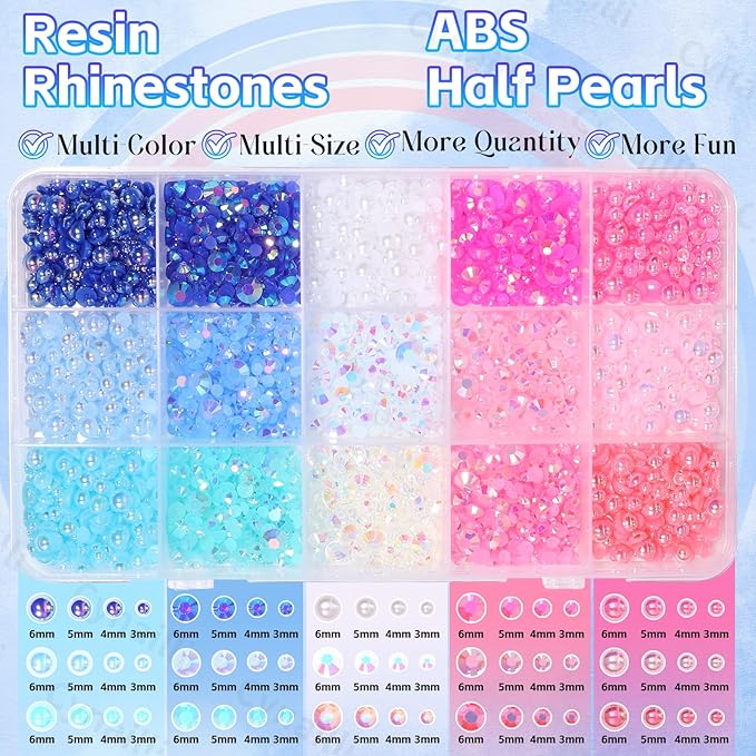 15 Grids Pearls and Resin Rhinestones for Crafting, Pink Blue White Bedazzling Gems Kit, Jelly Resin Rhinestones for Nails Face Eyes Makeup Crafts DIY Tumblers Bottles