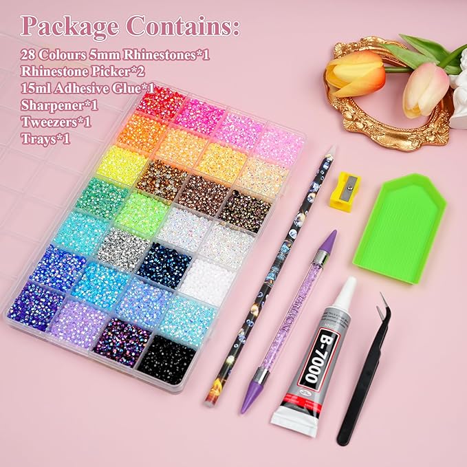 Resin Jelly Rhinestones for Bedazzling, EARLMONI Multi Colord Bedazzler Kit with 15ml B7000 Glue Rhinestone Pen Tool for Clothes Nail Art (28 Colors, 3MM)