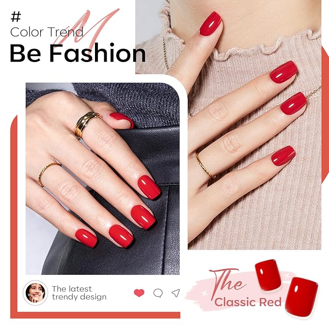Modelones Red Press on Nails for Women, Spring Short Square Fake Nails, Reusable Nail Kit with Nail Glue Adhesive Tabs Mini Nail File, Nails Press Ons 32Pcs16 Sizes, Women Girl Gift