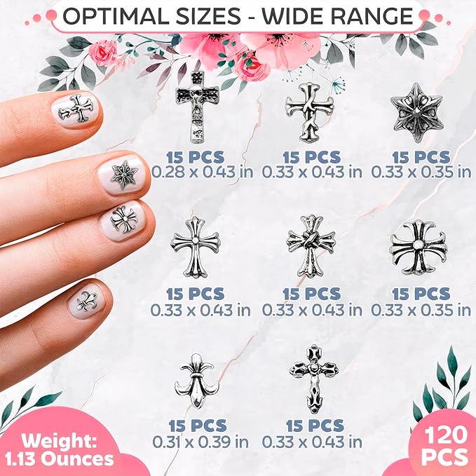 120 PCs Silver Cross Nail Charms – Cross Charms for Nails – Sturdy and Easy-to-Apply Decorations, DIY and Professional Use, 3D Art for Nails | Works with Rhinestones and Nail Art Striping Tape Lines