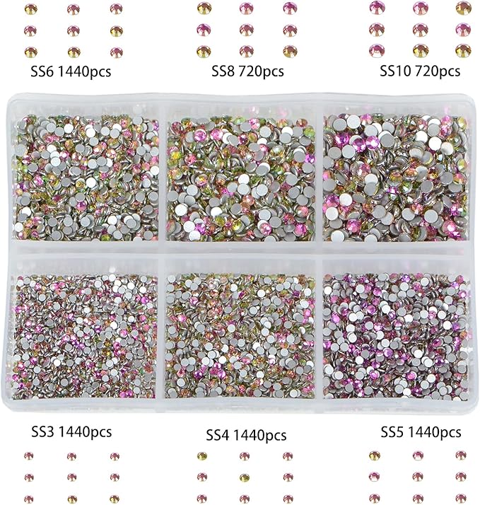 7200PCS Art Nail Rhinestones Non Hotfix Non-Magnetic Glue Fix Round Crystals Glass Flatback for DIY Jewelry Making with one Picking Pen (6-Sizes 7200PCS, Golden Rose)
