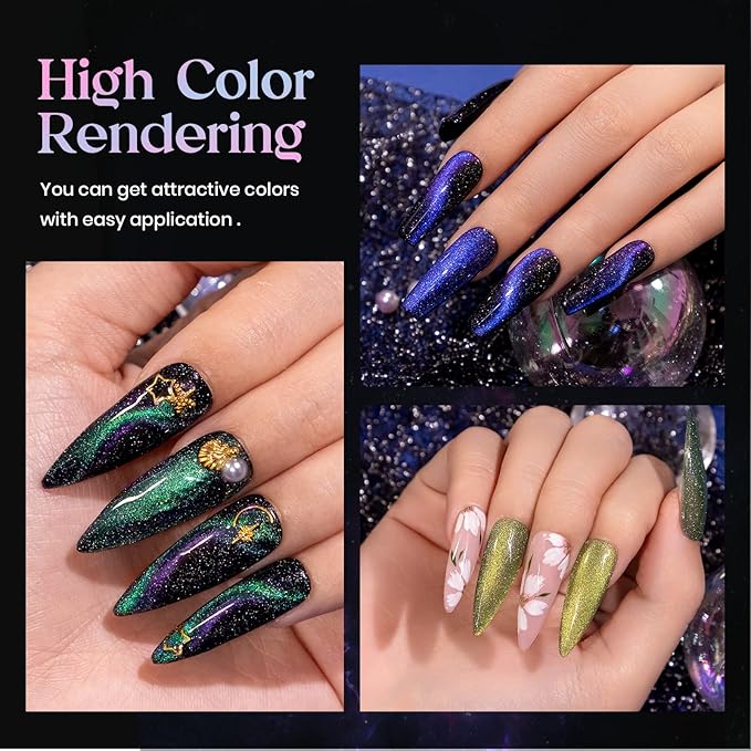 MIZHSE Reflective 9D Cat Eye Gel Nail Polish, Glitter Magnetic Gel Polish Set with 2 Magnet Sticks, Chameleon Magic Effect Holographic Cateye Nail Polish Soak Off Nail Art Gift