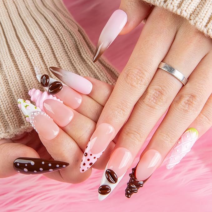 LOVFUL Short French Tip Press on Nails Cocoa Treat| Handmade Acrylic Press ons| Reusable Fake False Nails | Stiletto Classic Regular 1.3in | H737-M