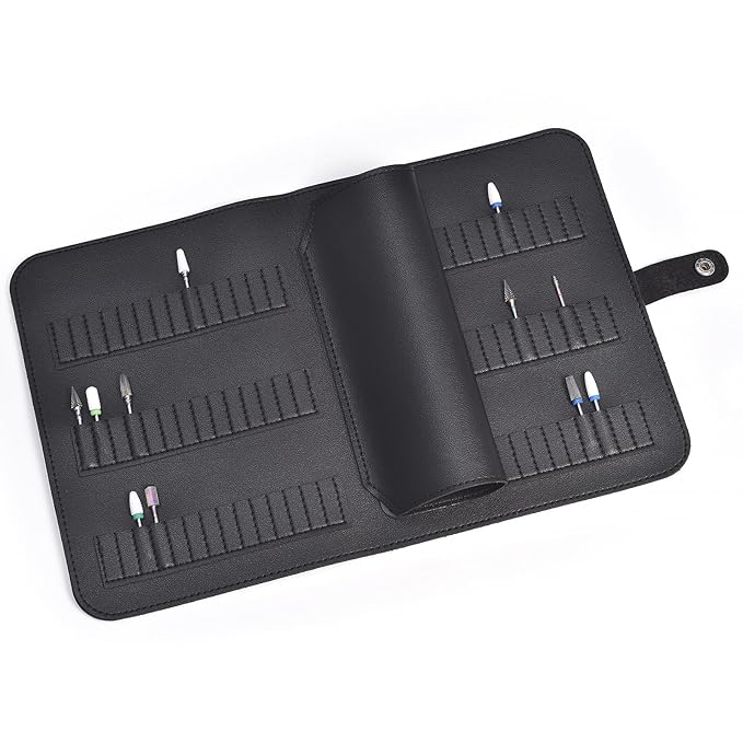 Nail Drill Bits Holder Portable PU Leather Nail Drill Bit Storage Bag 84 Holes Nail Bits Displayer Organizer Large Space Snake Print Nail Drill Bit Organizer (Drill Bits Not Included) (Black)