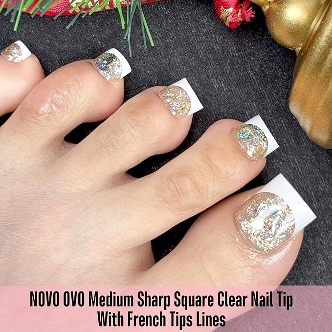 NOVO OVO Clear Press on Toenails, Toe Nail Press ons for Women, White French Tip Sharp Square Pre-Designed Soft Gel Thick False Toenail Extension, Full Cover Acrylic for DIY x 15 Sizes 150 pcs