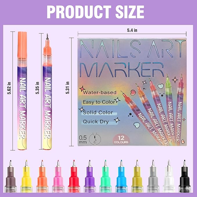 12 Colors Nail Art Pens Set, 0.5mm Fine Tip Acrylic Nail Polish Pens, Quick-Dry Smudge-Proof Waterproof, Smooth Flow for Drawing Outlining Dotting Liner Art, DIY Manicure Gift