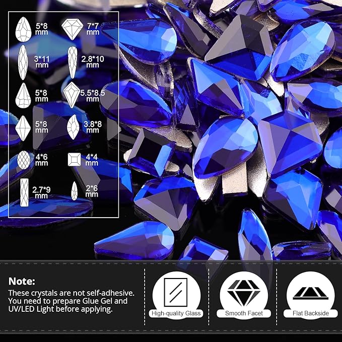 Rhinestones for Nails, Manicure Kit with Rhinestone Glue Gel, Multi Shapes Dark Blue Glass 3D Nail Charms + Flatback 2-5mm Round Beads & Gem Glue (UV/LED Needed) with Dotting Tools