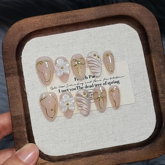 10Pcs Short Almond Oval Press On Nails With Tools,Nude Pink Fake Nails with 3D Flowers & Cat Eye Designs,Glitter Gold Edge Glue on Nails, Glossy Handmade Acrylic False Nails for Daily Party(M)