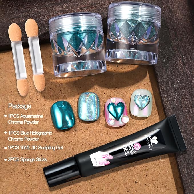 3D Gel Nail Art & Chrome Nail Powder Kit, Metallic Mirror Effect Holographic Aurora Iridescent Chrome Pigment Glitter Dust and 10g Clear 3D Sculpting Gel for DIY Nail Art (Lake Blue)
