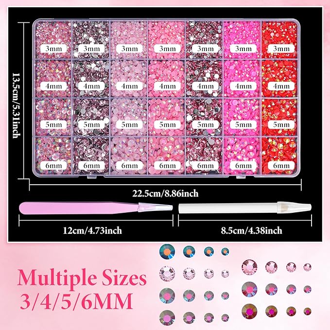 22300Pcs Flatback Pink Red Jelly Resin Rhinestones for Crafting, Colorful Hot Pink AB Stones Gems Rhinestones for Bedazzling Crafting 3mm-6mm for Nails Face Eyes Makeup Crafts Tumblers Bottles