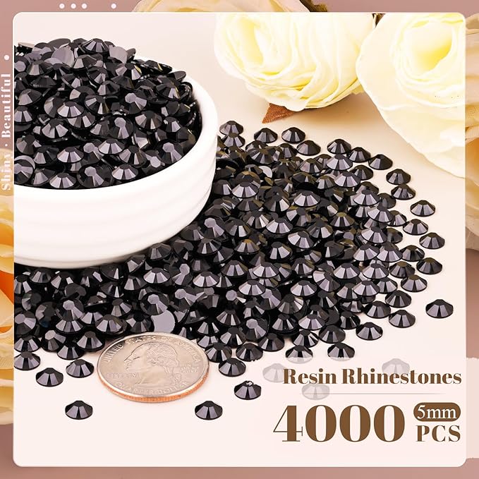4000PCS 5mm Resin Rhinestones Bulk for Crafting (Black), Flatback Bedazzling Crystals for Crafts DIY Nail Decoration, Gems Charms for Tumbler Shoes Clothing Fabric with Pickup Pen and Tweezers