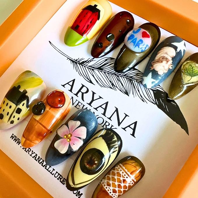 ARYANA NEW YORK Handmade Press-On Nails – Reusable 3D Almond False Nails, Salon Quality Full-Cover, J'adore Paris Collection- (Medium)