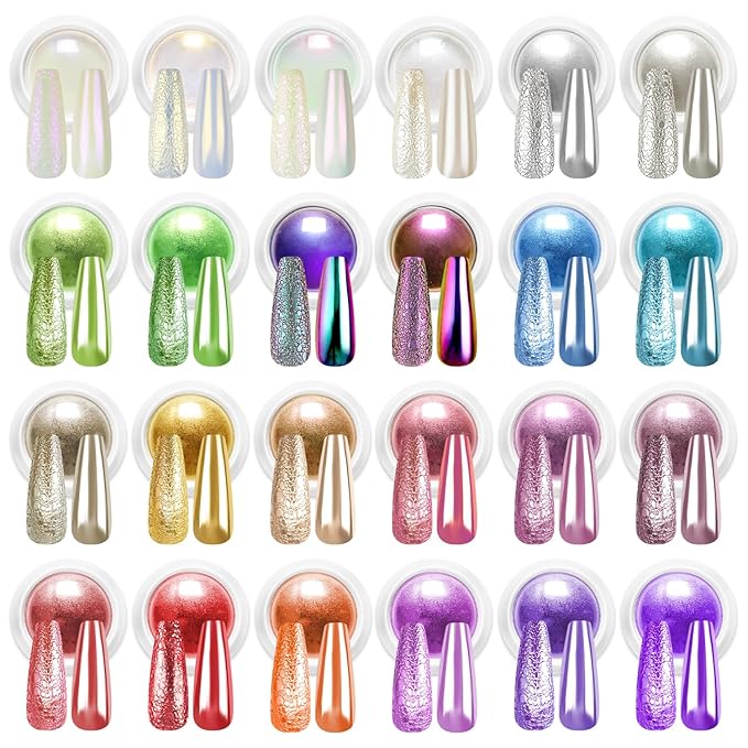 24Pcs Chrome Nail Powder - Metallic Mirror Effect Holographic Aurora Iridescent Pearlescent Nail Chrome Powder for Gel Nails DIY Manicure Nail Art Decoration Gift for Women
