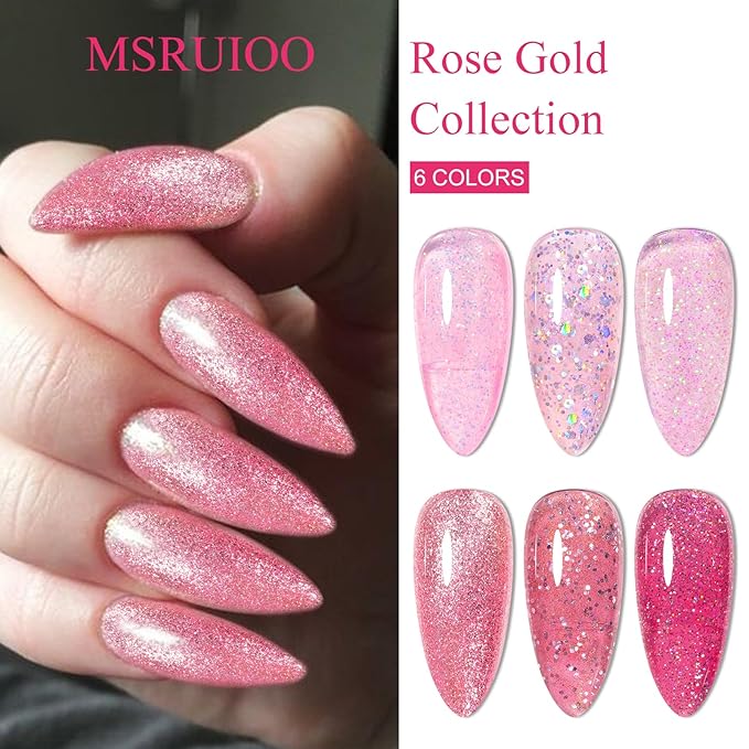 6Pcs Pink Glitter Gel Nail Polish Set Hot Pink Tones Sparkle Gel Polish Bright Pink Nail Polish Gel Suitable for Girls Women Manicure Lovers