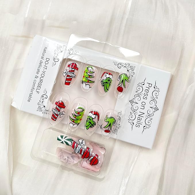 Christmas Red White Stripe Press-On Nails - Short Almond Shaped False Nails With Green Monster Designs - Full Cover Winter Acrylic Xmas Stick-On Nails for Women - DIY Nail Art - 24 Pcs