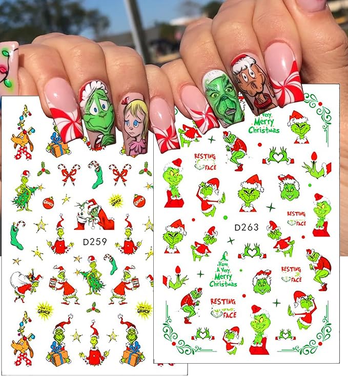 12Sheets Christmas Nail Art Stickers Green Fun Cartoon Santa Claus Designs Nail Decals Xmas Tree 3D Self-Adhesive Winter Holiday Nail Decoration Xmas DIY Manicure Accessories Supplies for Women Kids